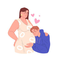 Father hugging baby bump. Vector pregnant mother waiting child. Couple infant anticipation and family support during maternity sign. Parenthood planning and loving bond. Man and woman wait for baby.
