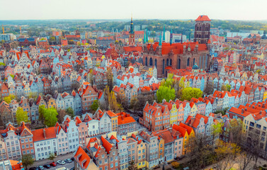 Gdansk with Motlawa river in Poland. Aerial landscape of the Main Town. Old town colourful house...