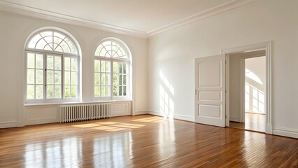 Obraz premium Bright and airy empty room with large arched windows and polished wood floors