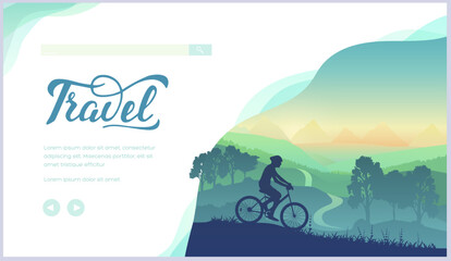 Fototapeta premium Silhouette Tourist On Bicycle During Trip Stock Vector 