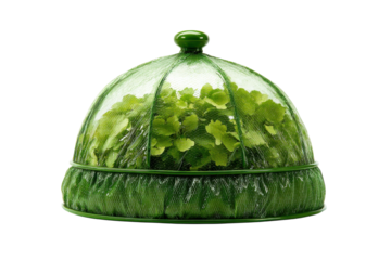 Green Plant Cloche Still Life on Black Background Rustic Kitchen Decor Garden Fresh Vintage Charm