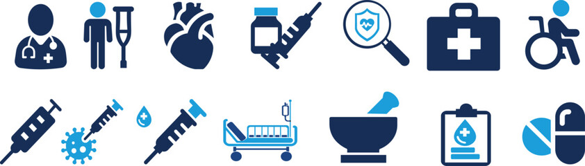 Medical icon set. Containing doctor, medicine, hospital, treatment, healthcare, nurse, pills, clinic and more. Solid vector icons collection.Health checkup icon set. Medical care service symbol 