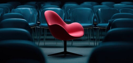 Obraz premium The striking red chair stands alone amidst a sea of blue seating.