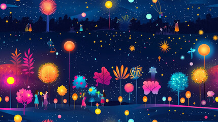 People in a surreal landscape with glowing abstract trees and orbs under a starry night sky