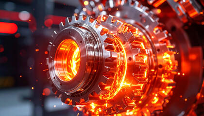 Close-up of a red-hot metal gear glowing with intense heat during a manufacturing process.