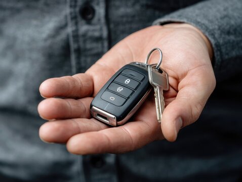 Hand holding car key fob and key with a gray shirt in a close-up display