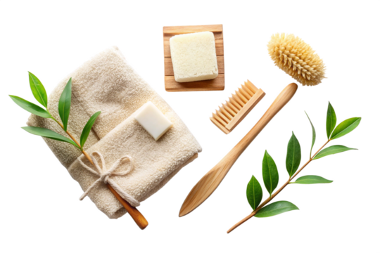 Bathroom Essentials - Flat Lay - Isolated on White Background