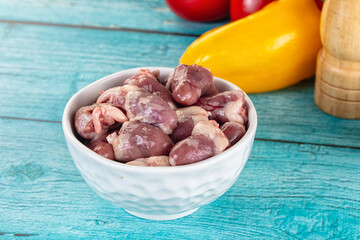 Raw chicken hearts for cooking