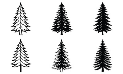 Stylized fir tree silhouette vector set with detailed branches