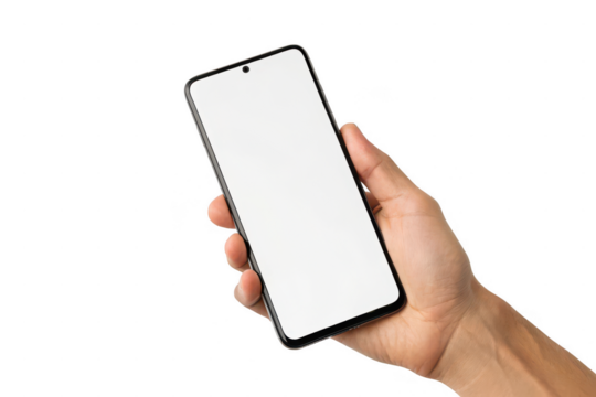 Hand holding a smartphone isolated on transparent background