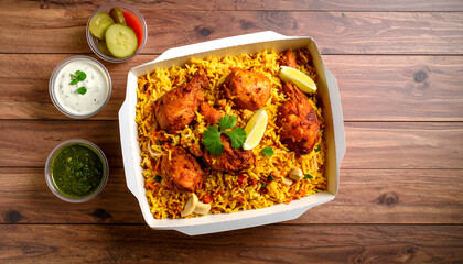 Delicious chicken biryani in a takeaway box with raita, mint chutney, and pickles. A complete Indian food delivery meal on a wooden table.