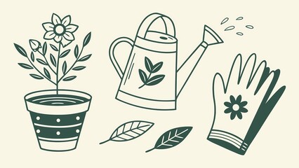 Gardening essentials: potted plant, watering can, gloves, and leaves, illustrated in a simple, hand-drawn style.