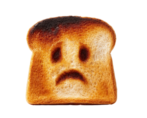 Sad Burnt Toast: A single slice of burnt toast expresses a forlorn face. Capturing the essence of a common kitchen mishap with a touch of humorous sadness.
