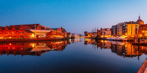 Gdansk with Motlawa river in Poland. Old town colourful house with Polish Baltic Frederic Chopin Philharmonic © Zedspider