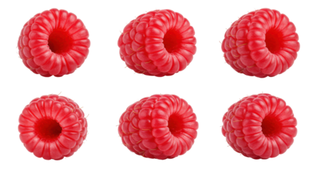 Freshly picked raspberries arranged in a pleasing pattern on a white background