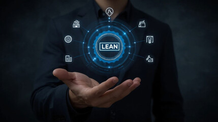 A person holding a digital holographic screen with the word 'LEAN' in their hand, surrounded by icons related to business and technology