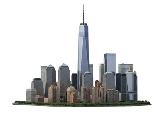 Aerial view of a modern city skyline featuring a tall skyscraper and urban landscape