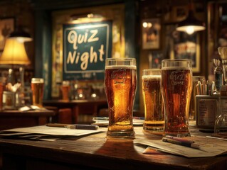 Friends enjoy drinks during a quiz night at a cozy pub. Lively atmosphere features illuminated tables, colorful beverages, and excitement in the air as participants engage in friendly competition.