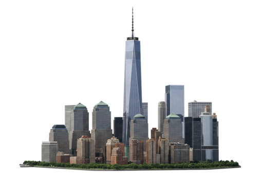 Aerial view of a modern city skyline featuring a tall skyscraper and urban landscape