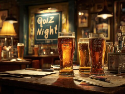 Friends enjoy drinks during a quiz night at a cozy pub. Lively atmosphere features illuminated tables, colorful beverages, and excitement in the air as participants engage in friendly competition.