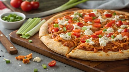 Buffalo chicken pizza topped with fresh ingredients showcases culinary creativity on a wooden cutting board
