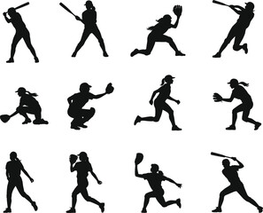 Female softball players silhouette in action poses, batting, catching, pitching, running, fielding, flat vector illustration