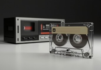 Obraz premium Retro cassette player and audio cassette on a plain surface.