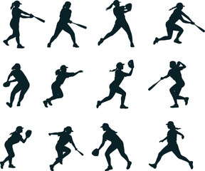 Female softball players silhouette collection, women playing baseball, swinging bat, pitching, catching, running, flat vector illustration