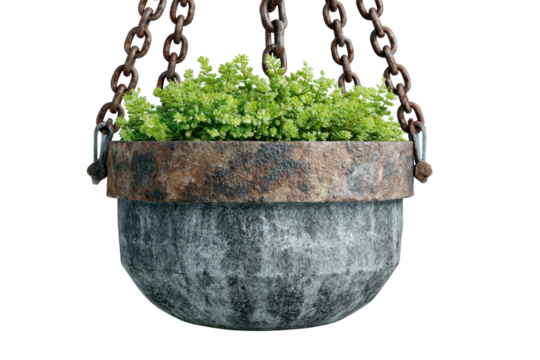 Hanging plant pot garden decor old pot chains outdoor plants texture green plant rusted iron botany