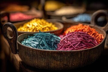 Fototapeta premium Colorful shredded material in rustic bowls