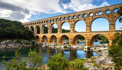 Fototapeta premium Ancient stone bridge over a river under a partly cloudy sky