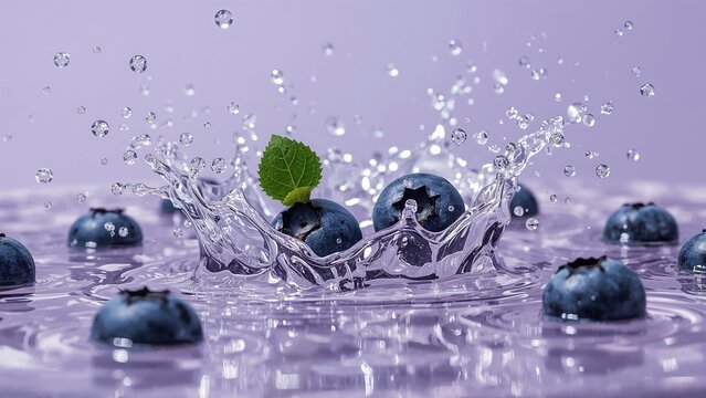Blueberries splashing into purple water with a green leaf and airborne droplets