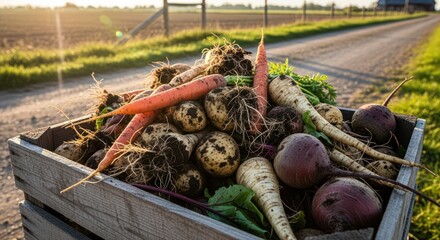Wooden crate filled with freshly harvested organic root vegetables including carrots beets and potatoes on a farm road promoting sustainable agriculture and healthy eating