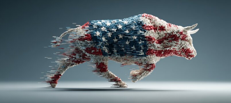 America flag on bull body. Bullish economy market. Generative AI technology.	
