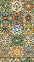 Intricate tile mosaic featuring diverse geometric patterns and muted earthy color schemes evoking