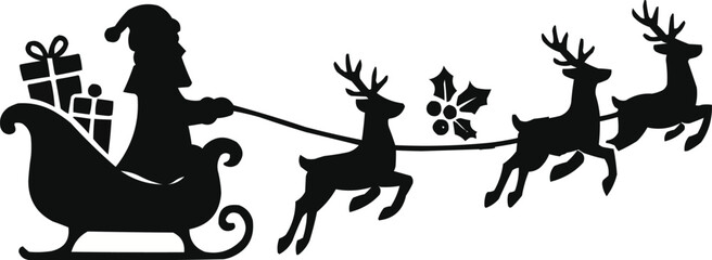 Santa Claus in Sleigh with Flying Reindeer Silhouette – Christmas Vector Clipart