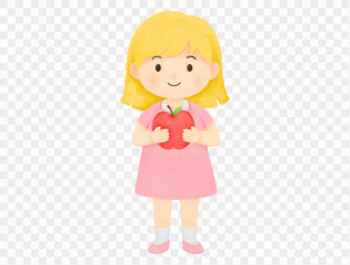 Watercolor illustration of schoolgirl holding red apple as gift. Vector.
