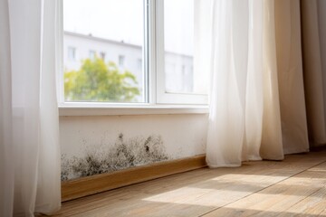 Dark mold is present along the baseboard near a bright window covered with sheer curtains, revealing signs of moisture in the room