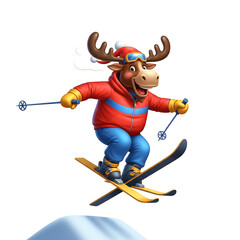 Fototapeta premium Happy moose skier in winter clothes jumping on skis, isolated on white background