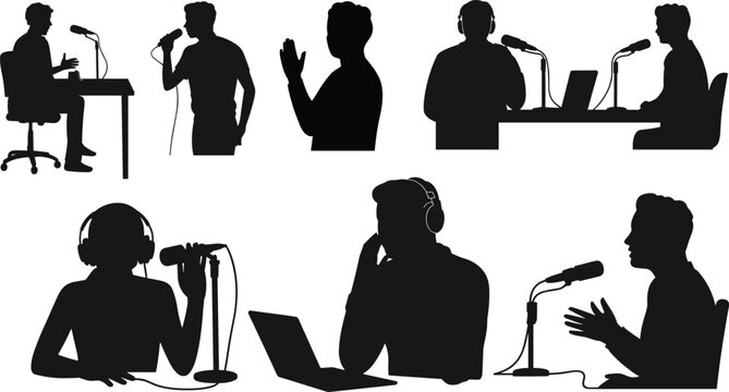 People recording podcast, speaking into microphone, podcast hosts, audio broadcasting, radio show recording, silhouette figures, flat vector illustration, headphones
