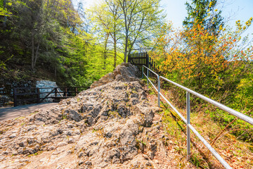 Hiking to Peak Tri Koruny or Trzy Korony during day. Pieniny National park in Poland. Pieniny Castle © Zedspider
