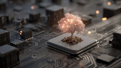 Illuminated tree growing from a computer processor chip.