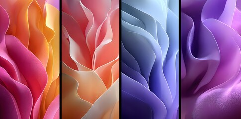 Vibrant Quadriptych of Flowing Abstract Forms with Textured, Colorful Layers