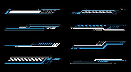 Set collection vector illustrations of modern futuristic sports design elements in blue and white feature sleek lines dynamic shapes and digital patterns for stylish race car decals graphic