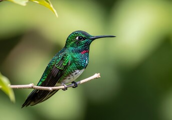 Vibrant emerald hummingbird perched on a branch silhouette