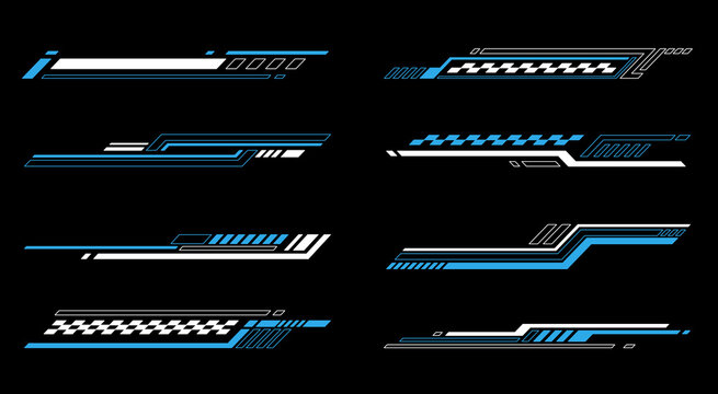 Set collection vector illustrations of modern futuristic sports design elements in blue and white feature sleek lines dynamic shapes and digital patterns for stylish race car decals graphic - Powered by Adobe