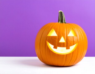 Illuminated jack-o'-lantern on white surface against purple backdrop (1)