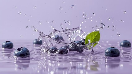 Multiple blueberries and a green leaf splashing into light purple water