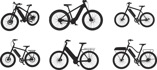 Set of electric bicycle silhouette icons, e-bike designs, battery powered bikes, cycling gear, flat vector illustration