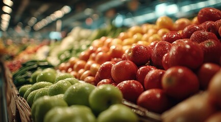 Colorful produce neatly arranged in a grocery store